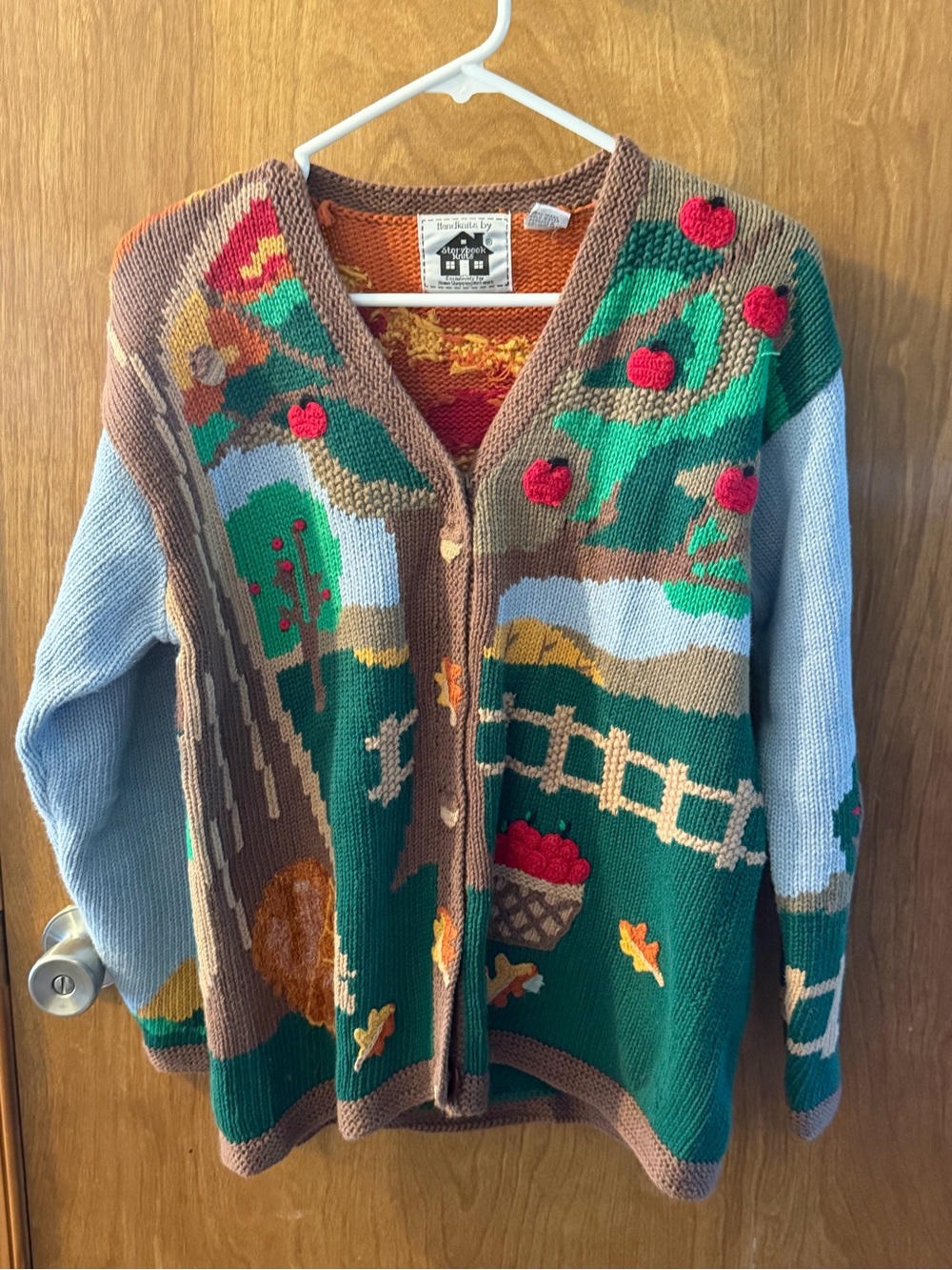 Vintage 90s Storybook Knits X HSN Cardigan Sweater Squirrel Apple Tree Sz M